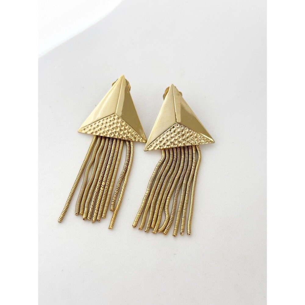 Vintage 80s Gold Tone Triangle Fringe Tassel Runway Dangle Earrings